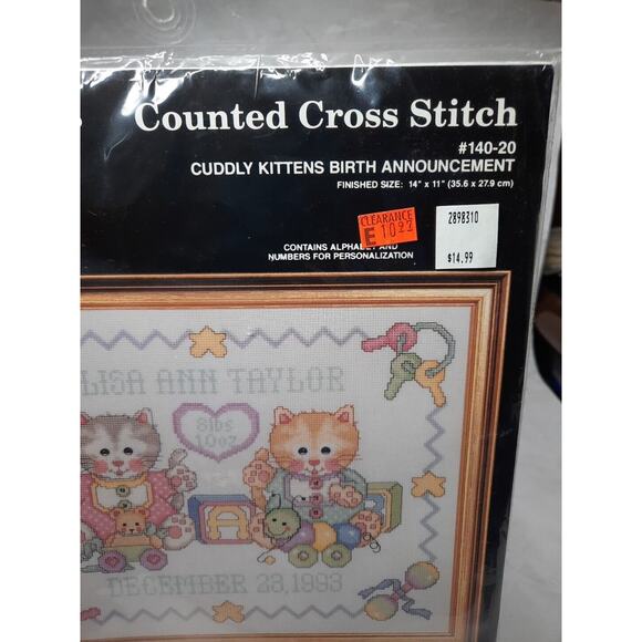 Vtg Janlynn Counted Cross Stitch Kit Cuddly Kittens Birth Announcement 14x11 - Picture 3 of 6